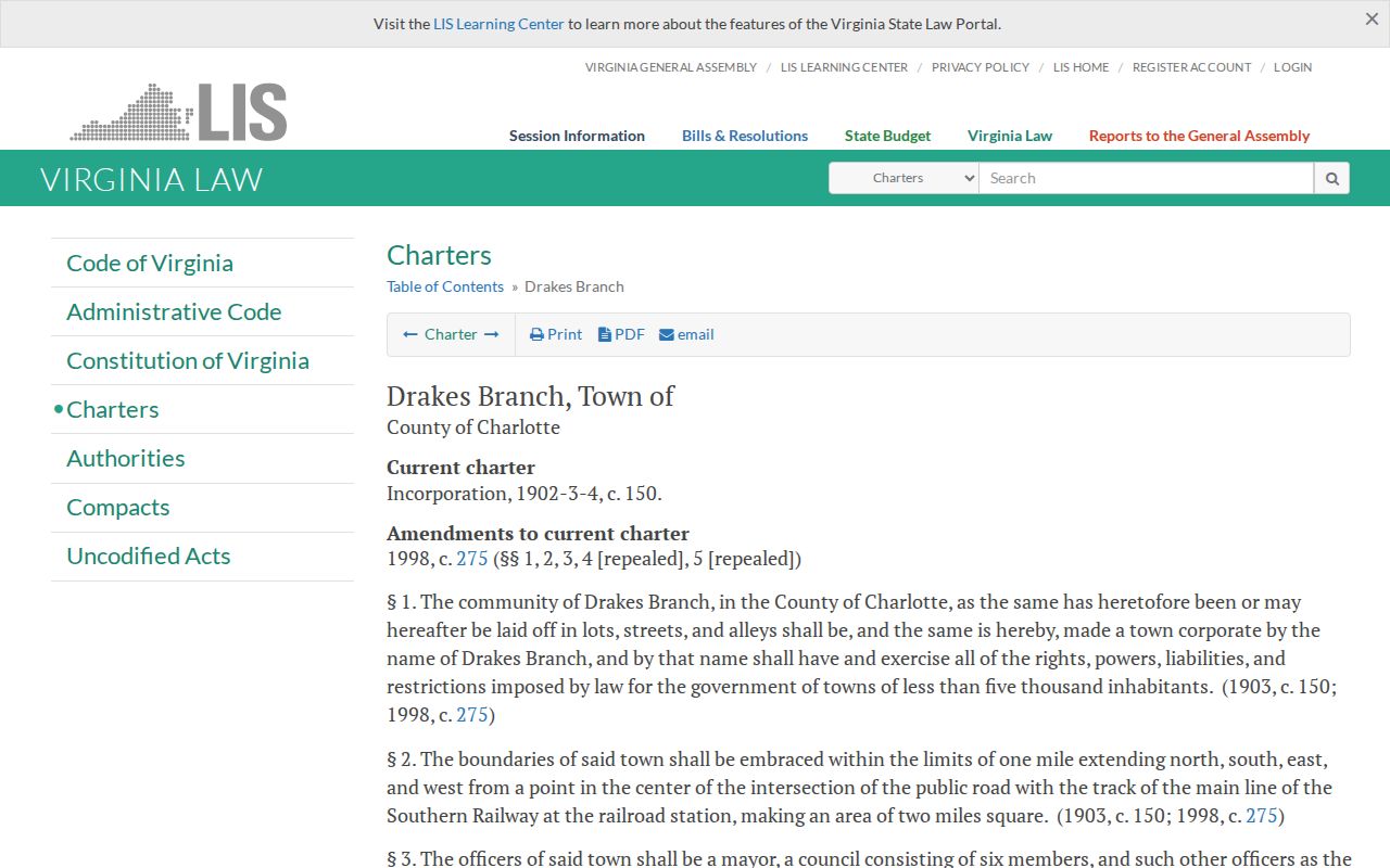 Drakes Branch criminal records town charter source