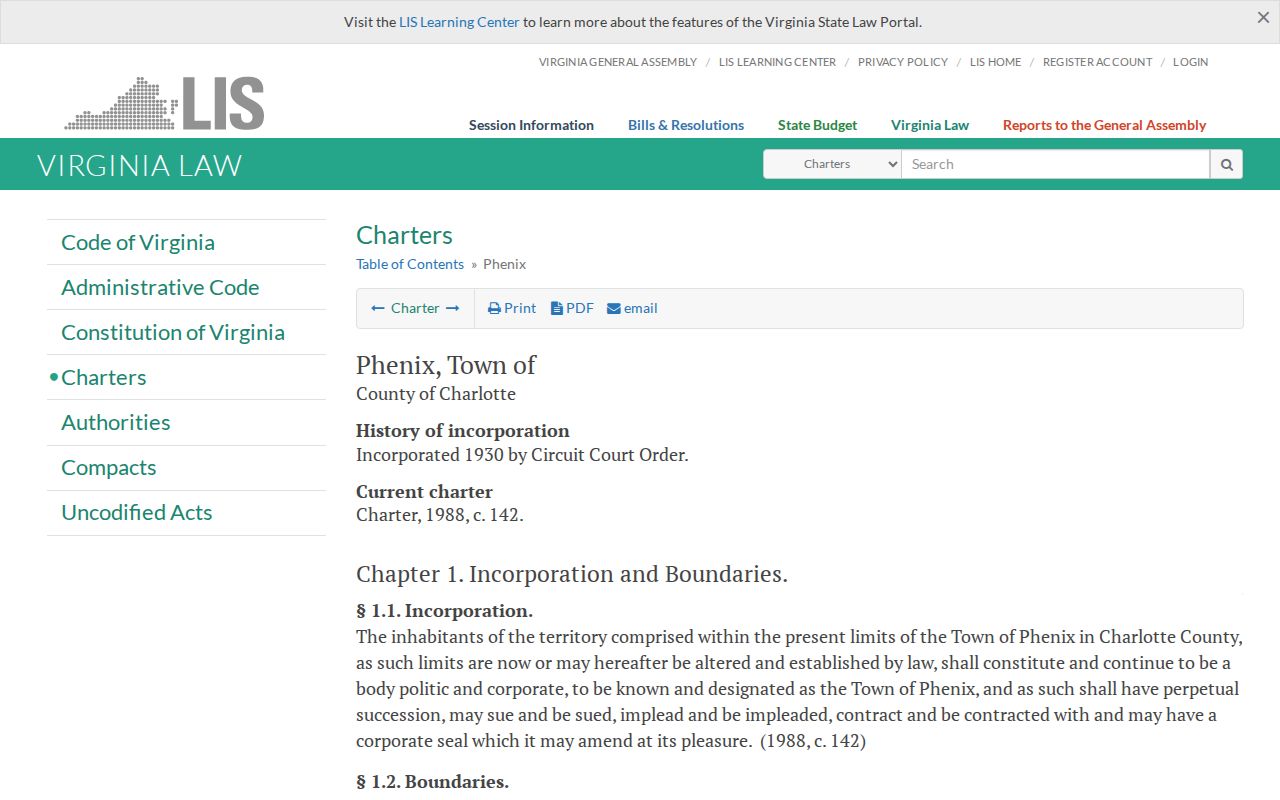 Phenix criminal history and official town charter source